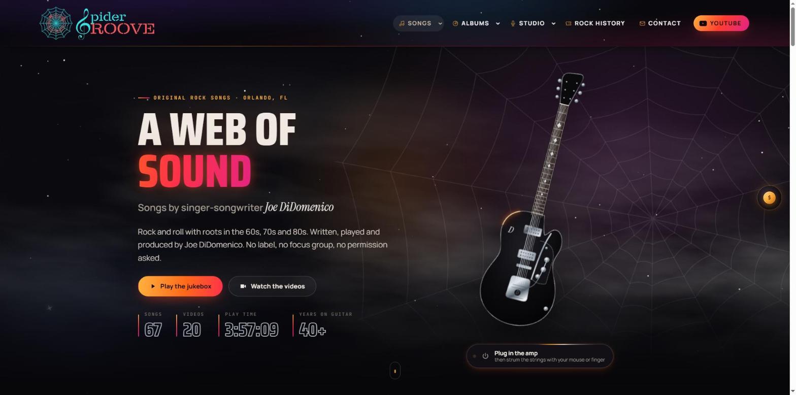 Spider Groove home page with an animated guitar, a spider web and live song counters