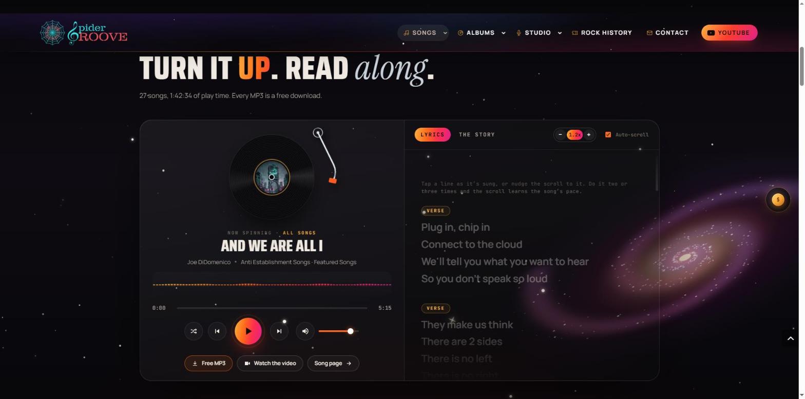 Custom music player with a spinning record, live wave and scrolling lyrics